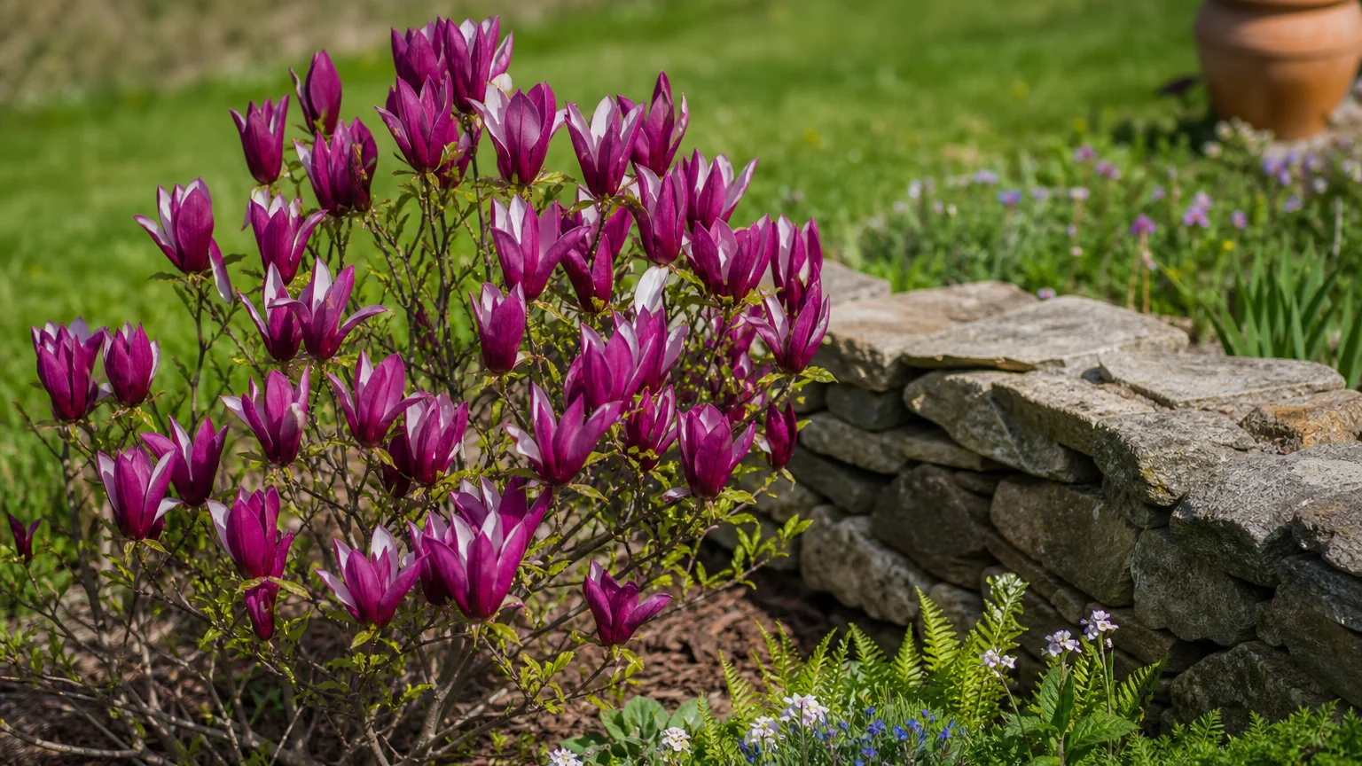 A Jane Magnolia shrub blooming with reddish-purple flowers next to a low stone wall in a sunny garden.