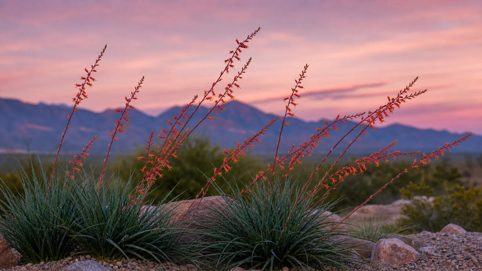 A landscape photograph of Red Yucca plants with thin green leaves and tall, arching coral-red flower stalks swaying in the evening breeze.