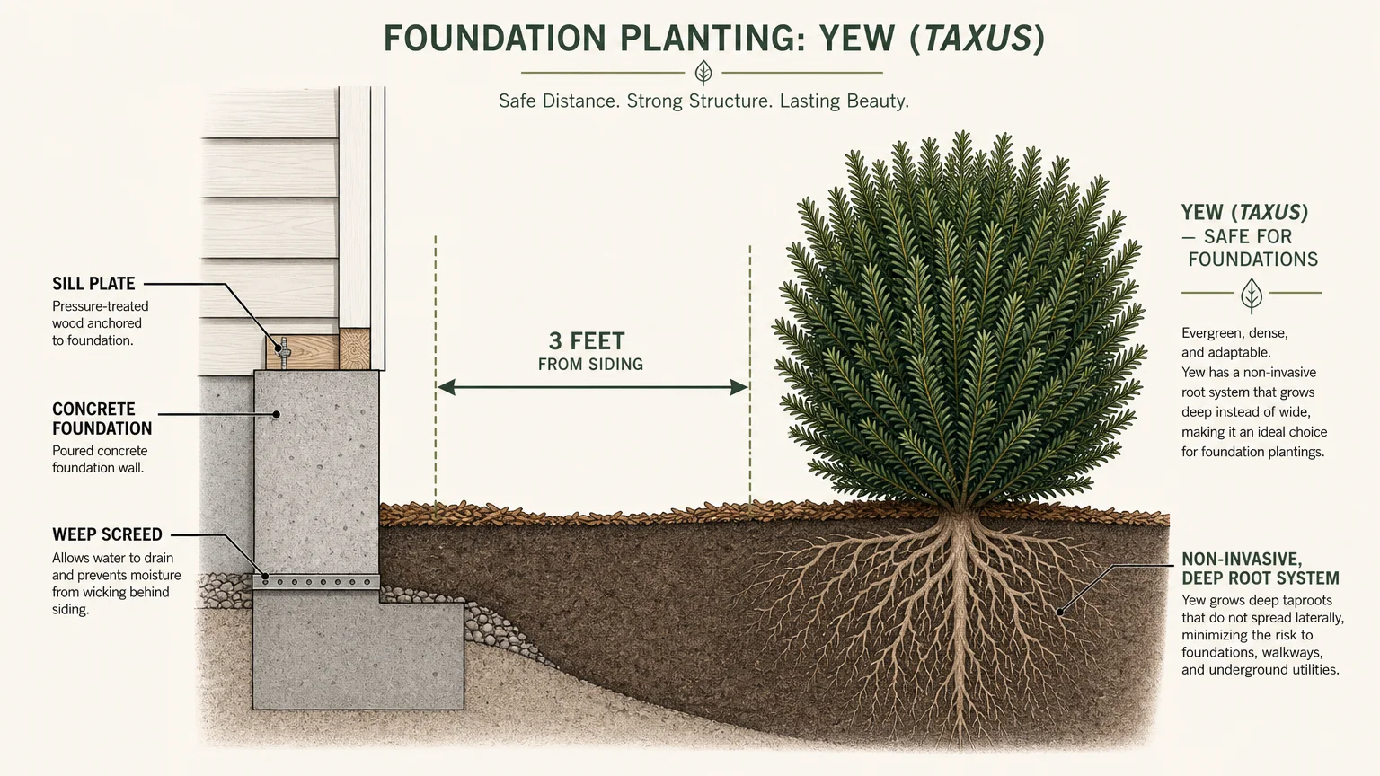 A landscaping diagram illustrating a yew shrub's deep, non-invasive root system planted safely near a concrete foundation.