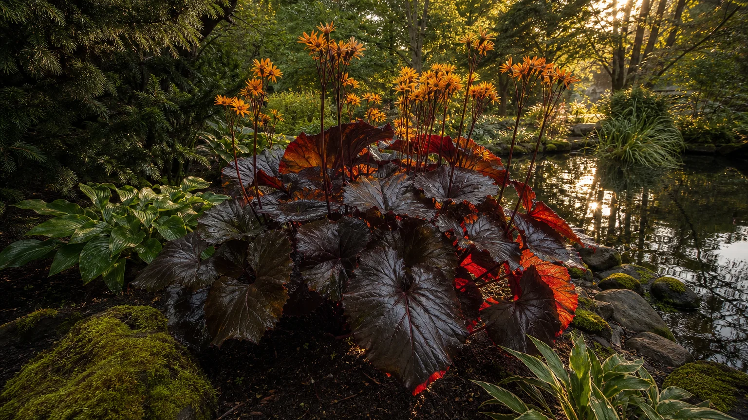 A large Leopard Plant with dark purple leaves and bright orange flowers growing near a garden pond.
