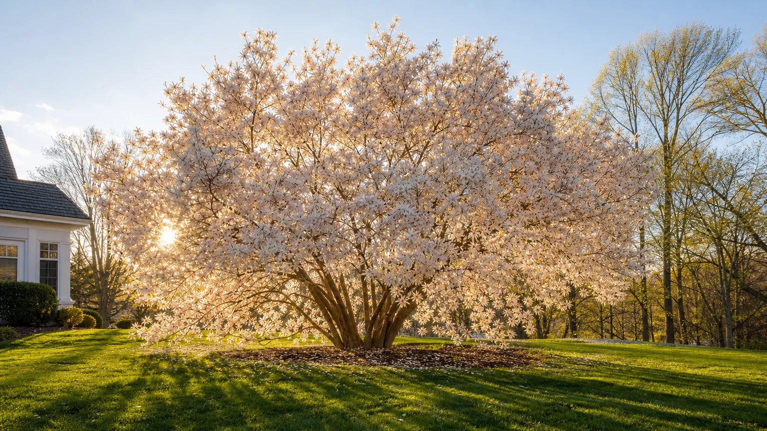 A large Loebner Magnolia tree covered in a dense cloud of glowing pinkish-white flowers on a sunny green lawn.