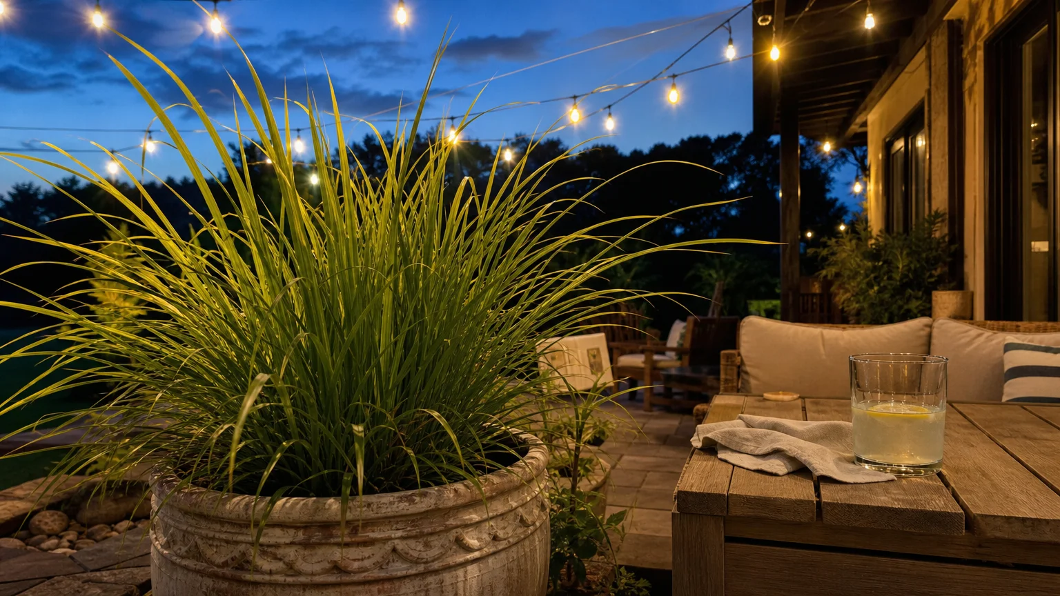A large pot of lemongrass on a patio at dusk, illuminated by warm string lights near outdoor furniture.