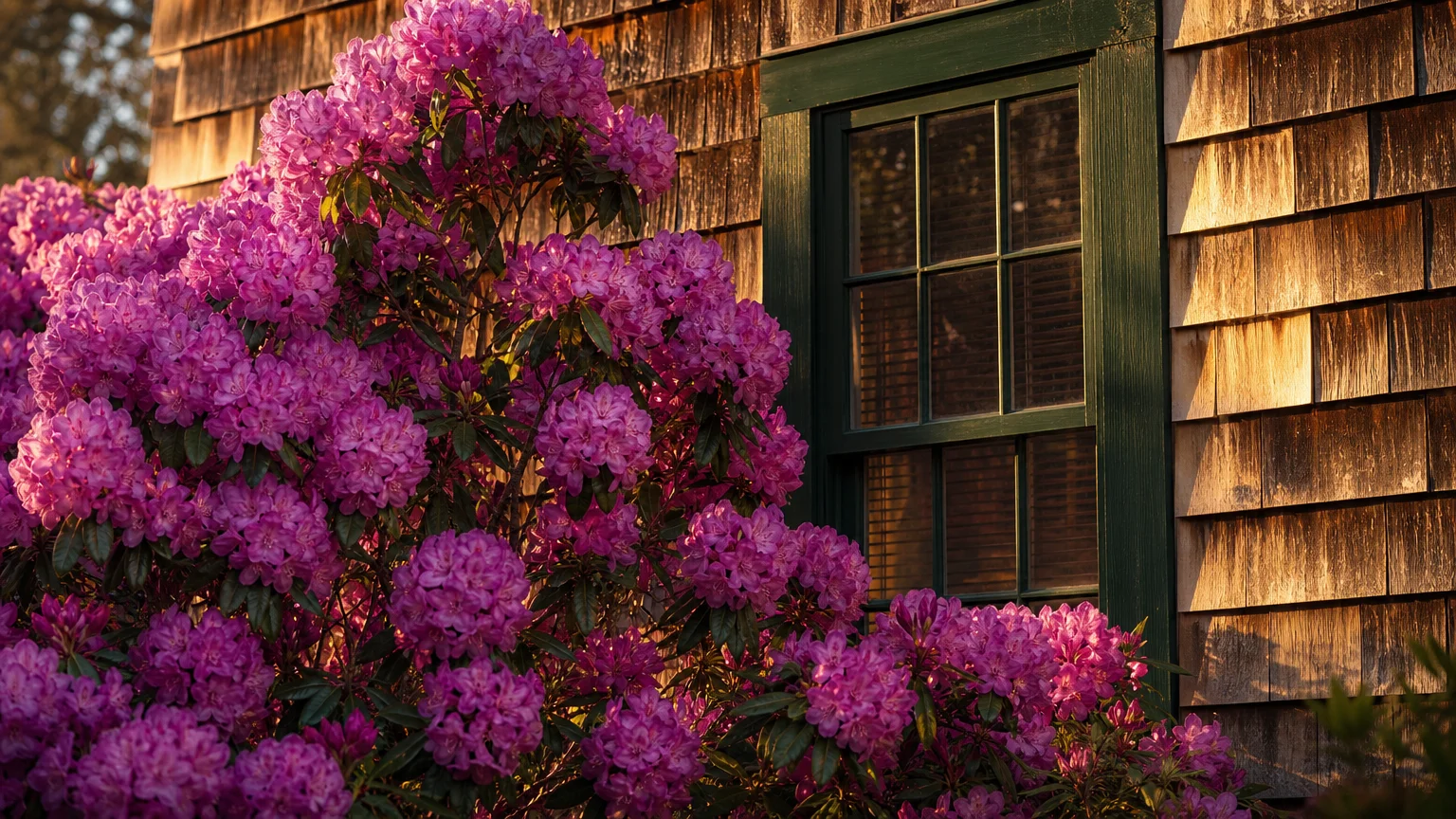 A large rhododendron bush covered in vibrant pink flowers blooming against a weathered wood-shingle cottage.