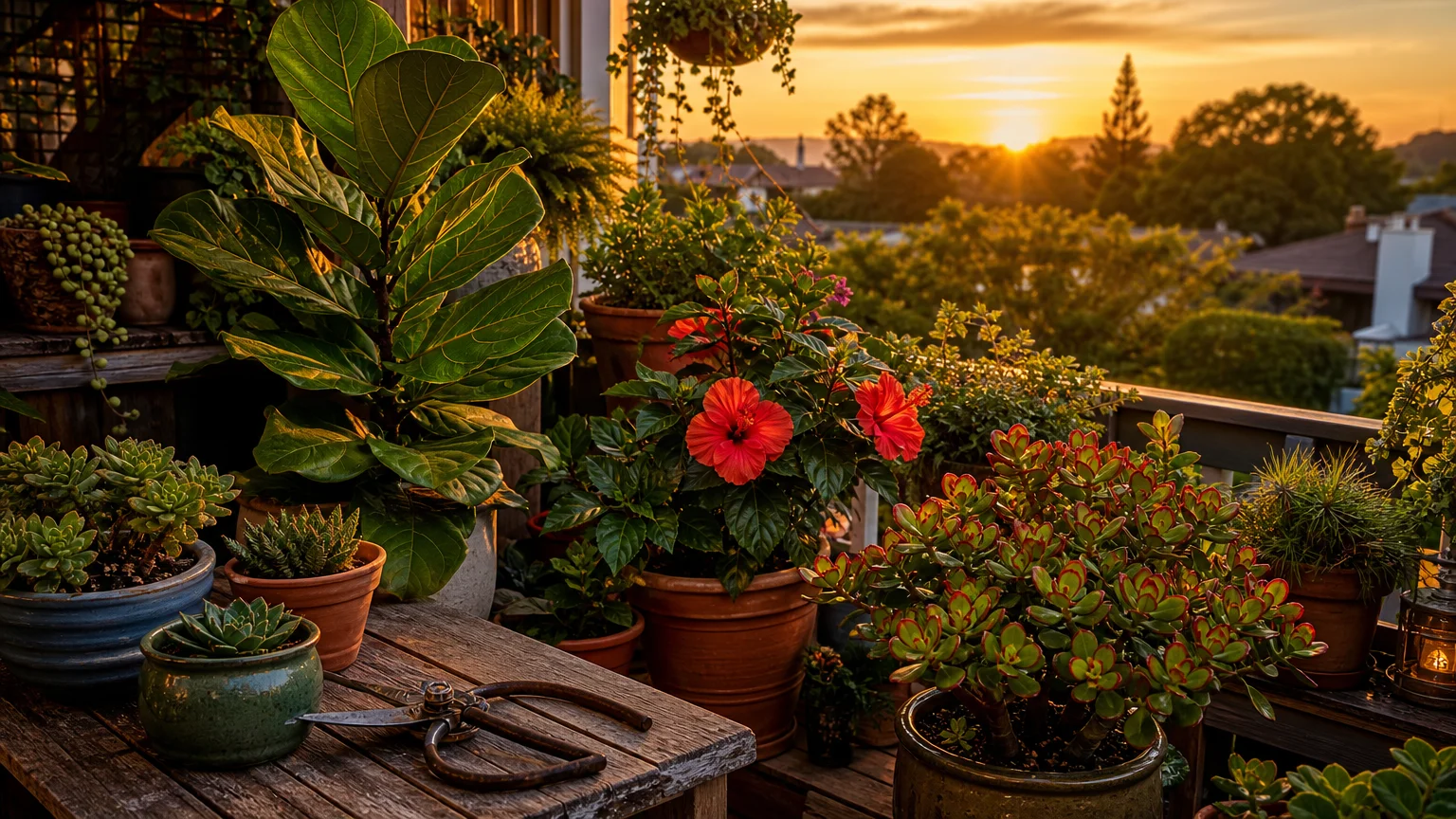A lush and vibrant collection of potted plants thriving on a sun-dappled wooden deck during a warm, golden summer evening.