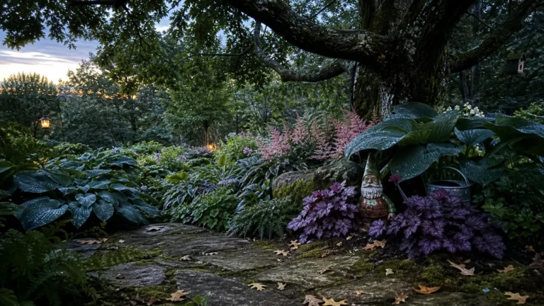 A lush, shaded woodland garden with hostas, ferns, and flowering perennials under a large mossy oak tree at twilight.