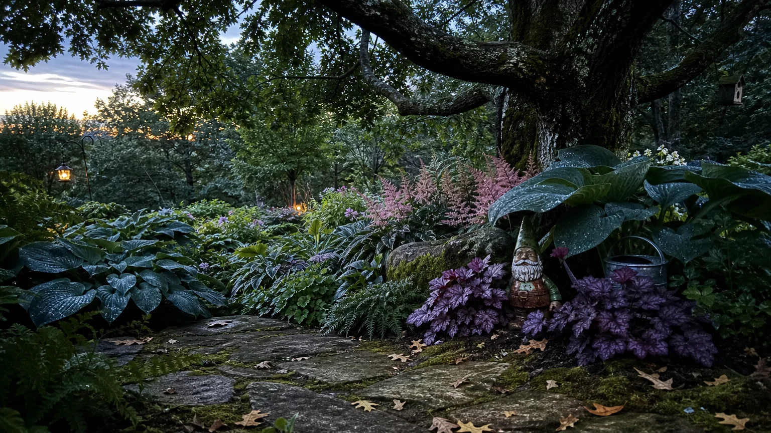 A lush, shaded woodland garden with hostas, ferns, and flowering perennials under a large mossy oak tree at twilight.
