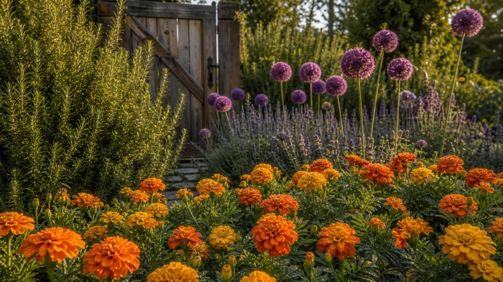 A lush, sun-drenched backyard garden featuring a strategic mix of marigolds, lavender, and rosemary planted along a wooden fence.