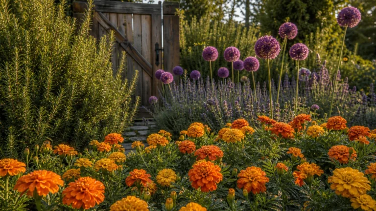 A lush, sun-drenched backyard garden featuring a strategic mix of marigolds, lavender, and rosemary planted along a wooden fence.