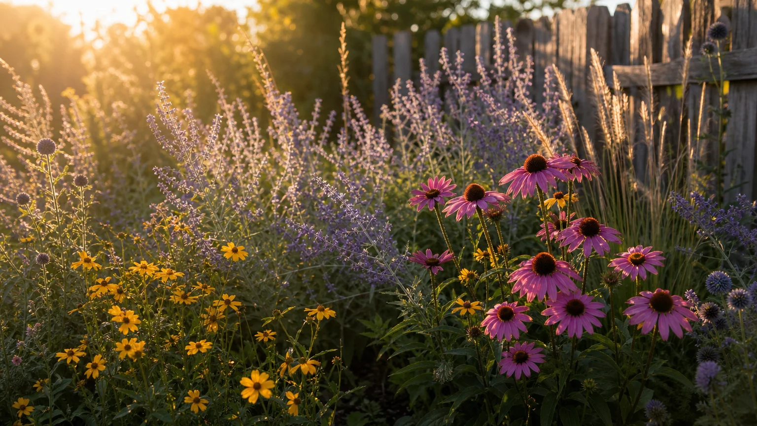 A lush, sun-drenched home garden border filled with colorful coneflowers, yellow coreopsis, and lavender-blue Russian Sage.