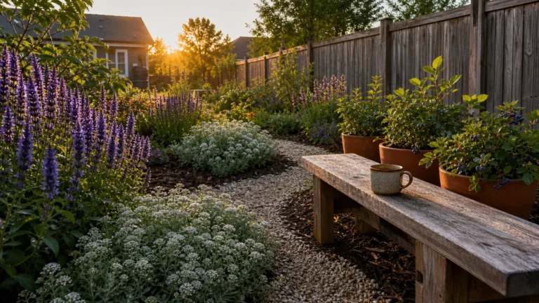 A lush, sustainable home garden at sunset featuring drought-tolerant perennials and compact shrubs in a natural backyard setting.
