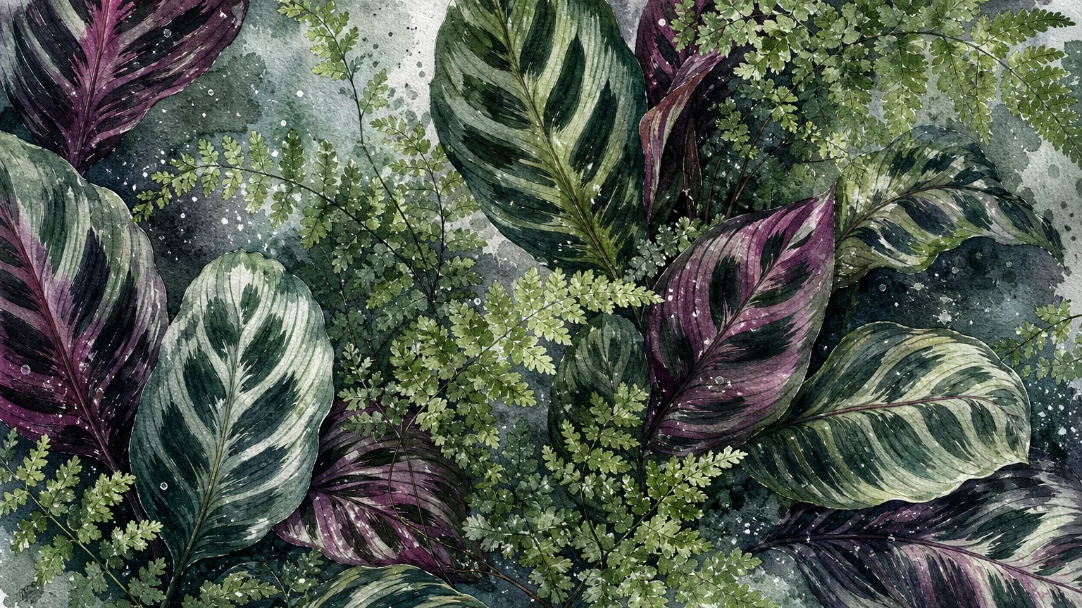 A lush watercolor painting of patterned Calathea leaves mixed with delicate green fern fronds.