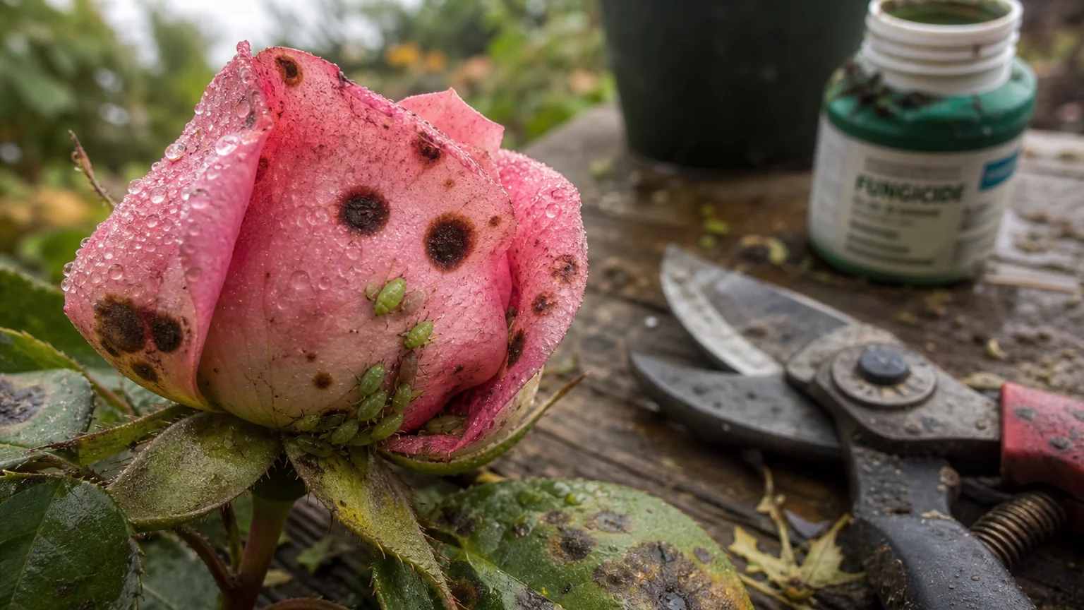 A macro photo of a rose petal with black spot disease and aphids, with garden tools in the background.