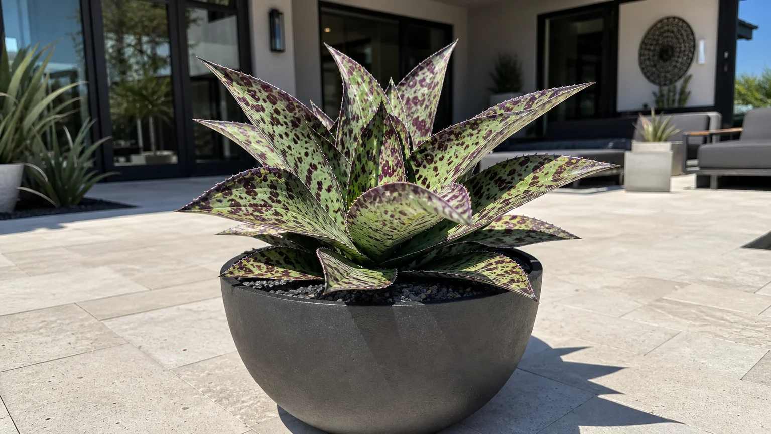 A Mangave plant with purple-spotted leaves growing in a modern concrete pot on a stone patio.