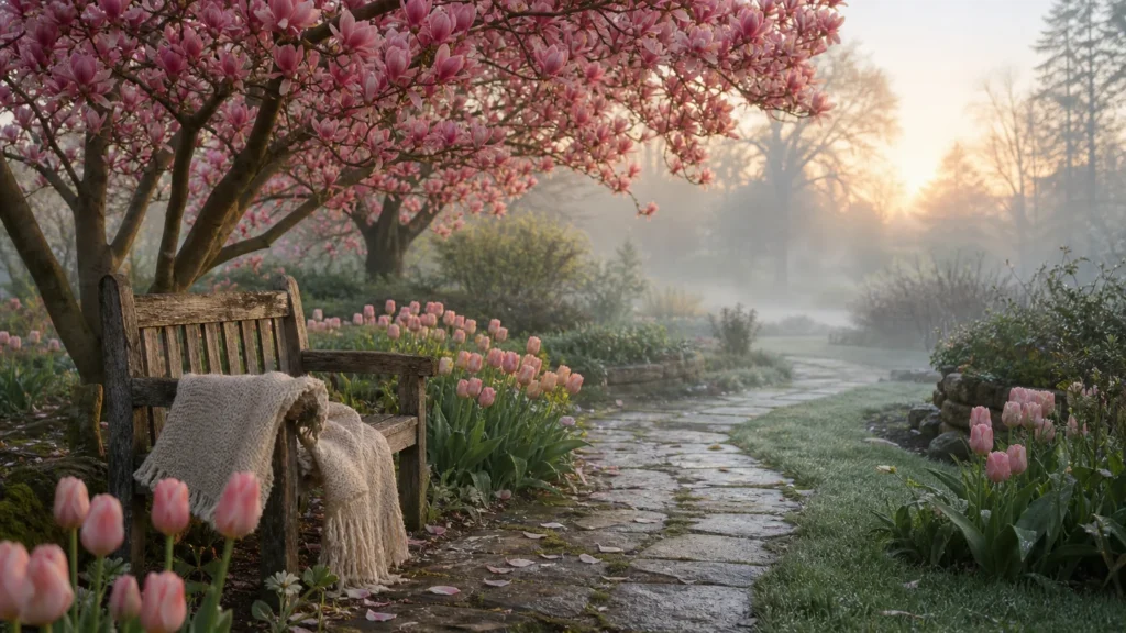 A mature Saucer Magnolia tree blooming with pink flowers in a lush spring garden next to a stone path and wooden bench.