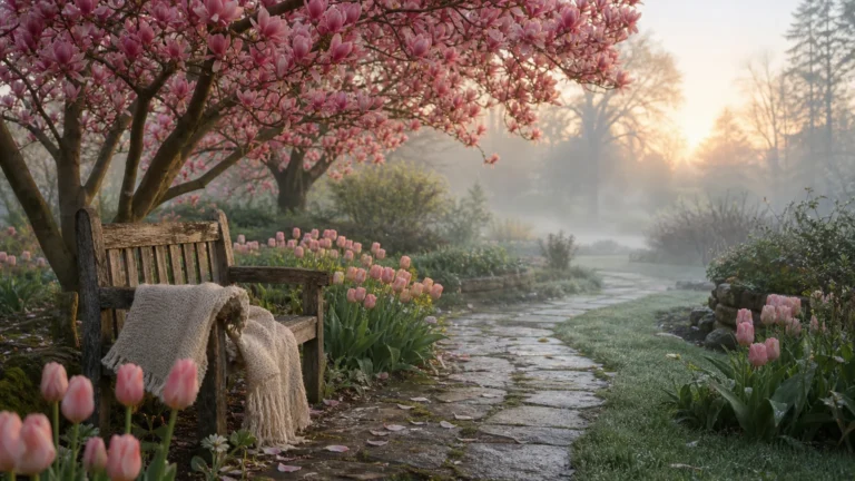 A mature Saucer Magnolia tree blooming with pink flowers in a lush spring garden next to a stone path and wooden bench.