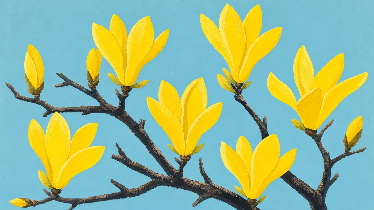 A mid-century modern gouache illustration of bright yellow Butterflies Magnolia flowers on bare dark branches against a blue background.