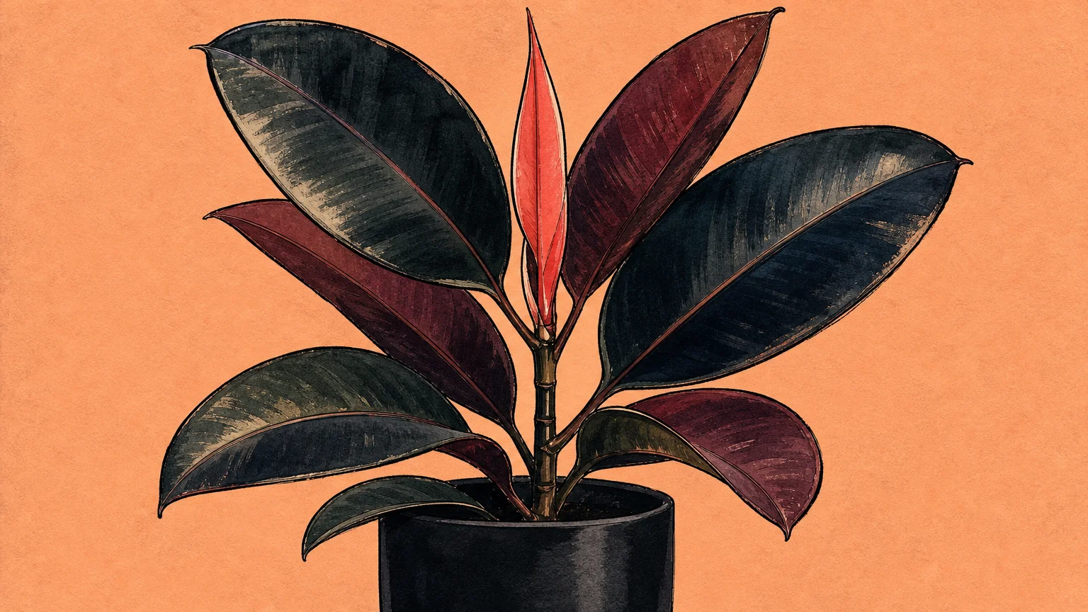 A mid-century modern style watercolor illustration of a Rubber Plant with dark burgundy leaves and a bright coral shoot.