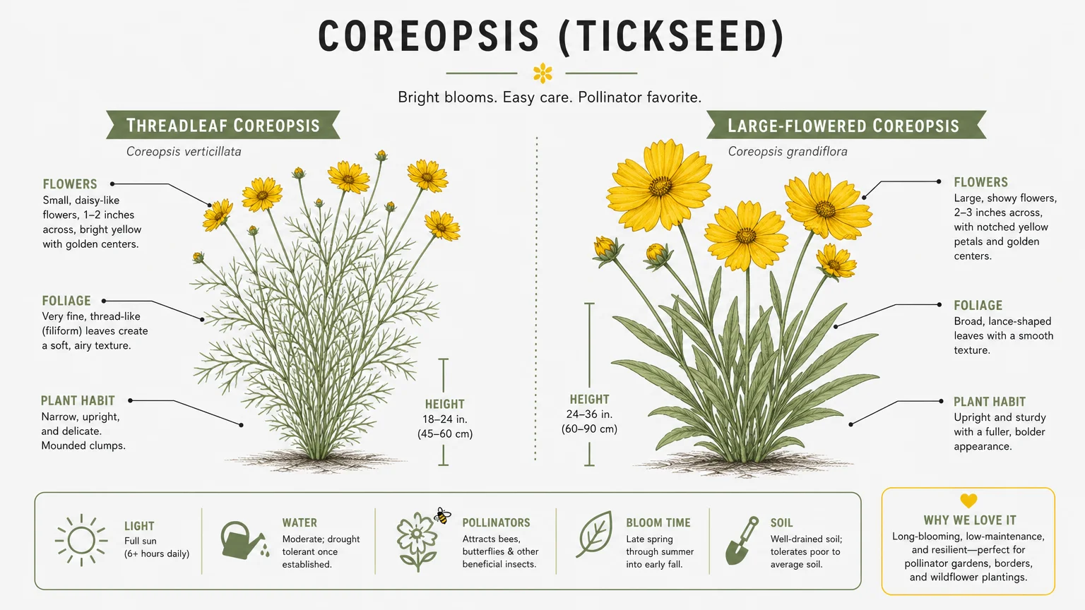 A minimalist botanical infographic comparing Threadleaf and Large-Flowered Coreopsis varieties side-by-side.