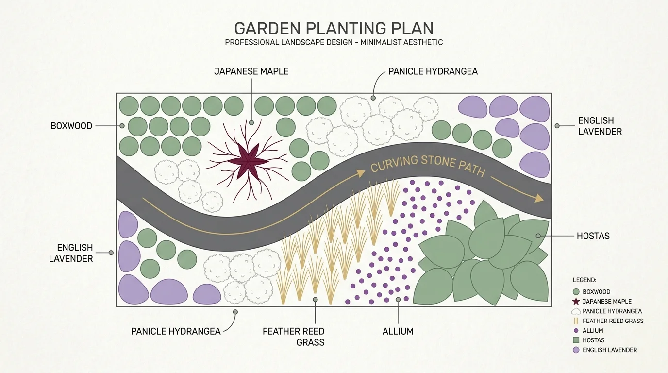 A minimalist, top-down garden design diagram labeling the placement of boxwood, maples, hydrangeas, grasses, and lavender along a path.