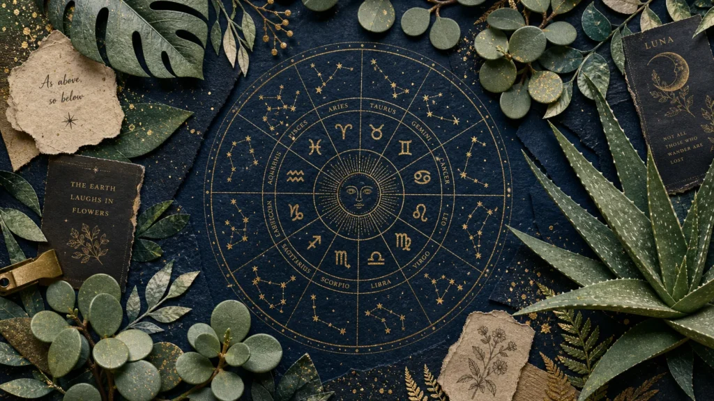 A mixed media collage blending gold foil zodiac constellations with lush green monstera, jade, and aloe vera paper cutouts.