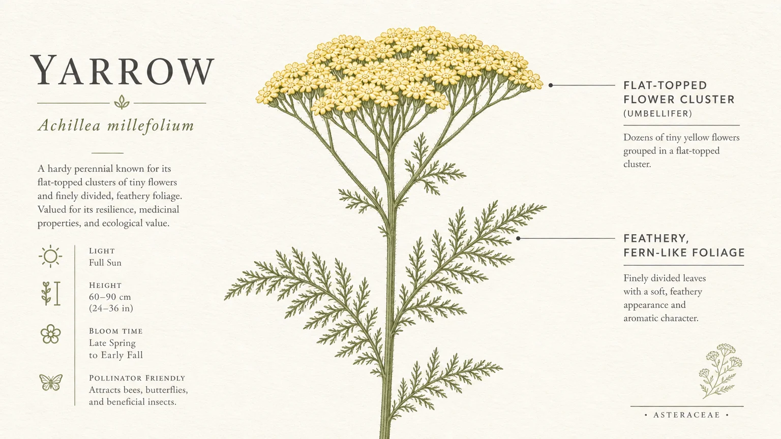 A modern botanical diagram highlighting the flat-topped flower cluster and feathery leaves of a yarrow plant.