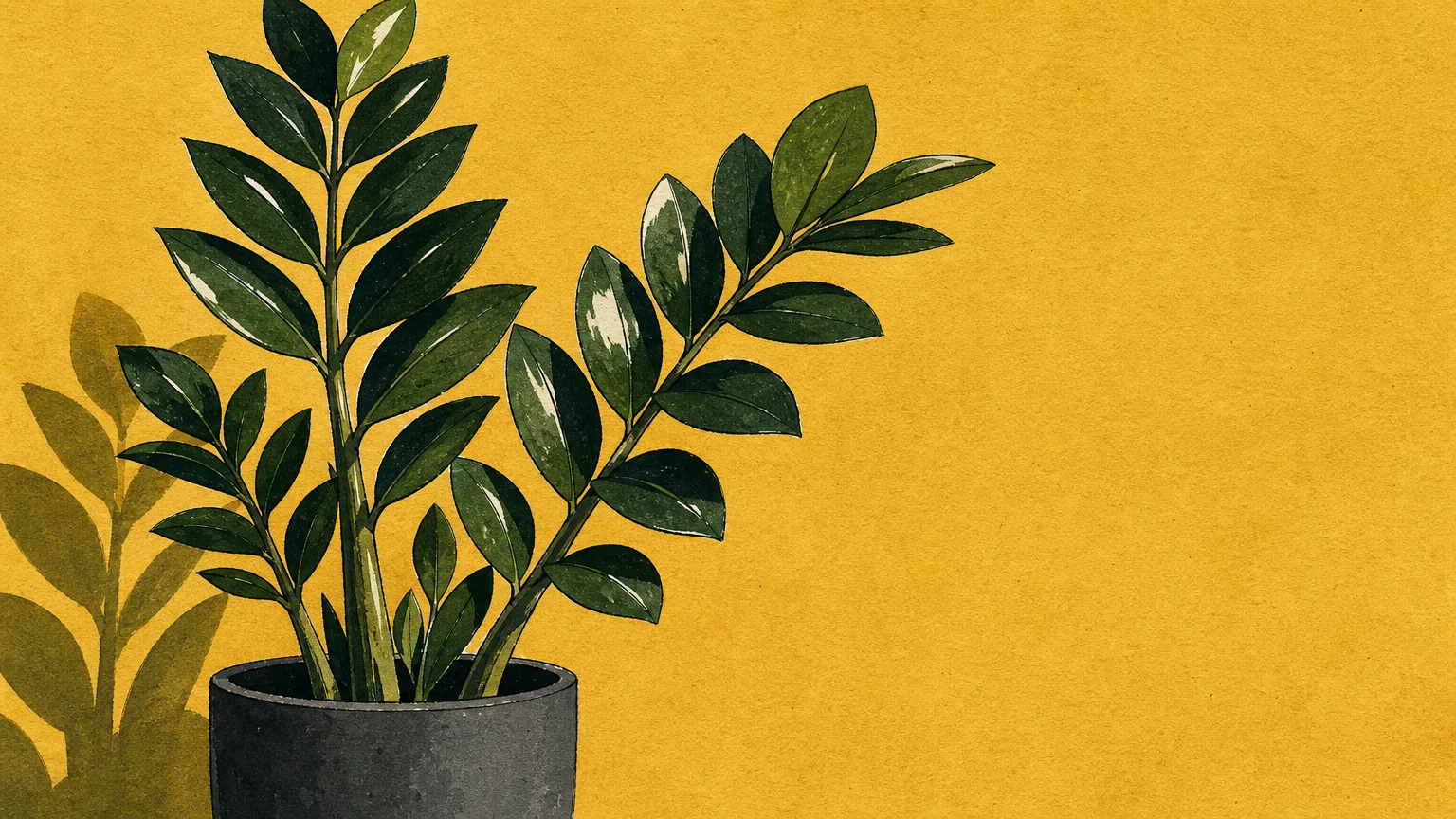 A modern graphic illustration of a sculptural green ZZ plant in a charcoal gray pot against a warm mustard yellow background.
