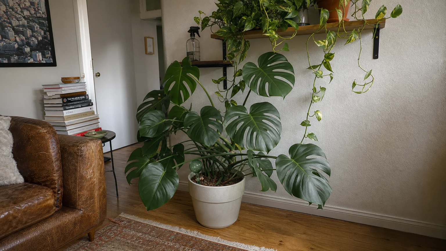 A Monstera plant on the floor of a sunlit living room with a Pothos plant cascading down from a shelf above it.