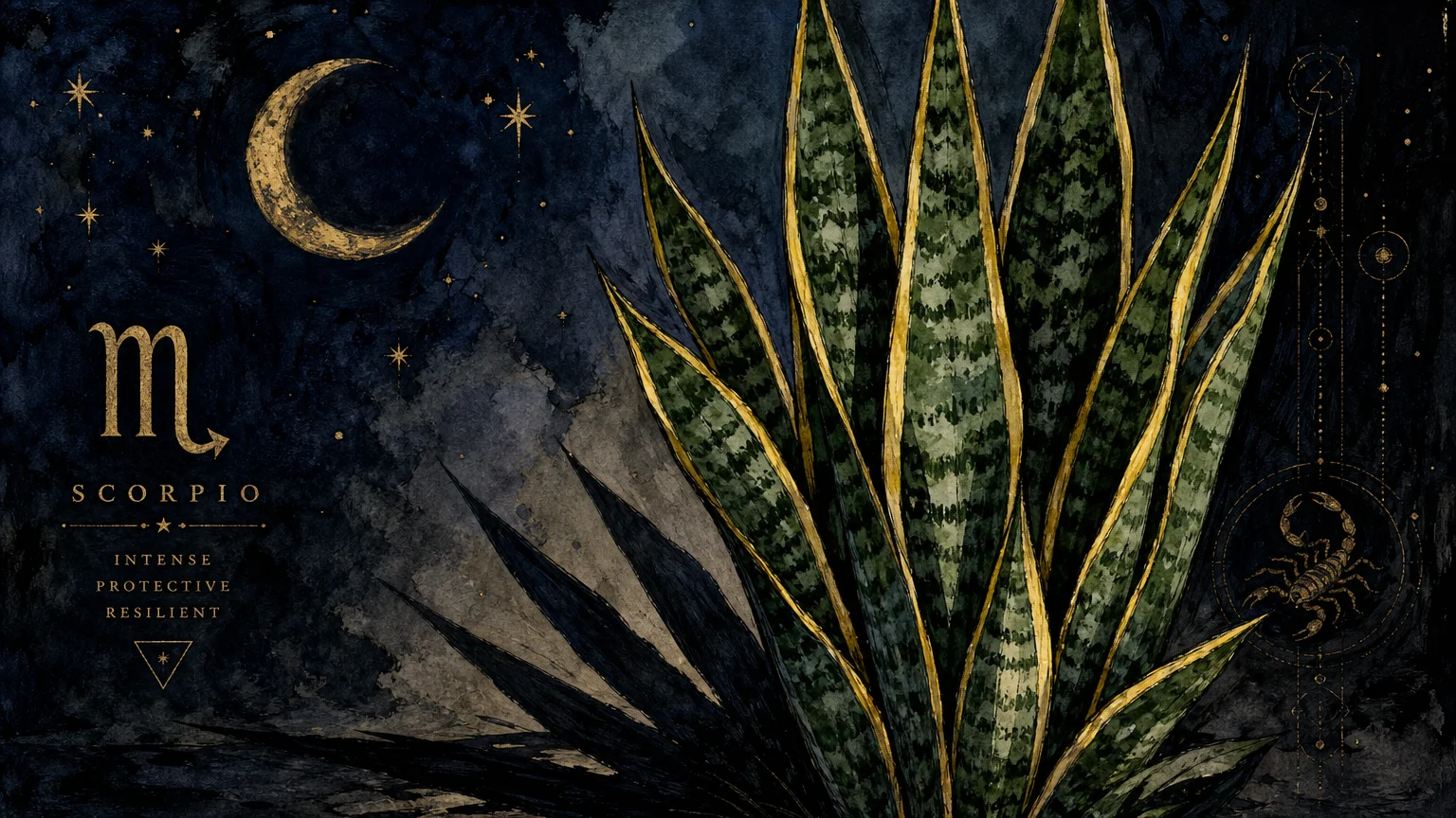 A moody illustration of a sharp-leafed snake plant under a deep indigo night sky filled with stars and a crescent moon.