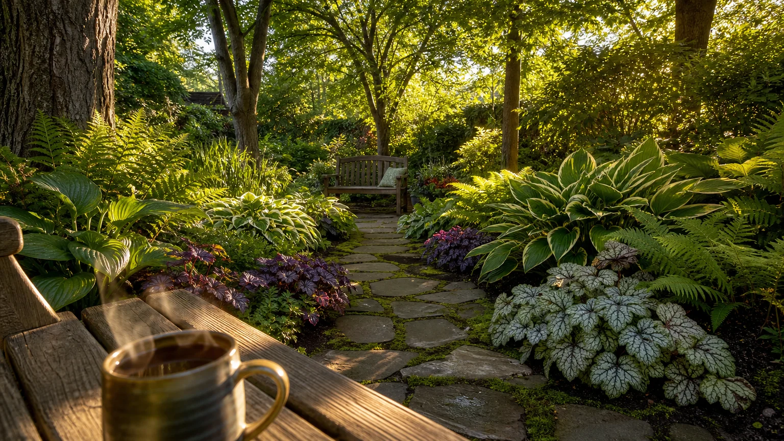 A peaceful view from a garden bench looking out over a successful, lush shade garden filled with diverse foliage.