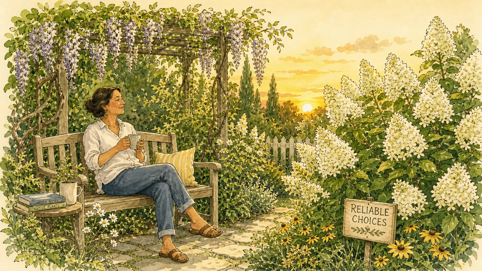 A peaceful watercolor illustration of a gardener enjoying a thriving garden filled with reliable plant varieties.
