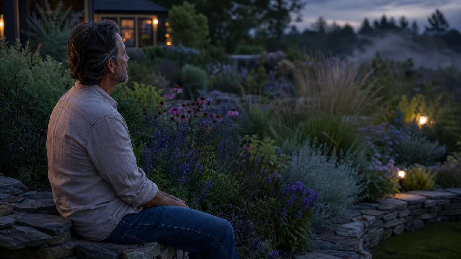 A person sitting peacefully on a stone wall looking out over a beautiful, well-established home garden at dusk.