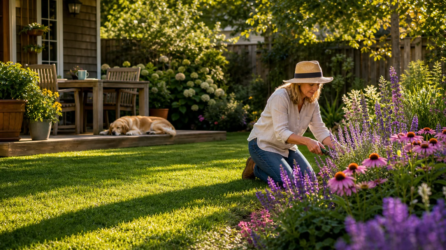 A photo of a beautiful, pristine green lawn on a sunny afternoon.