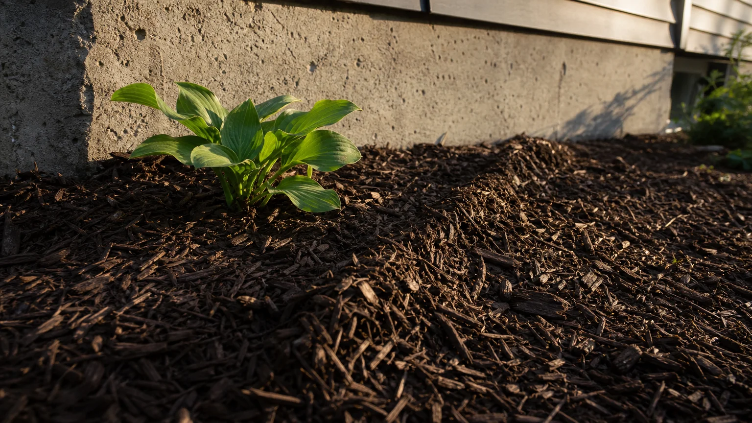 A photo of a mole tunnel ridge snaking through dark mulch near a foundation.