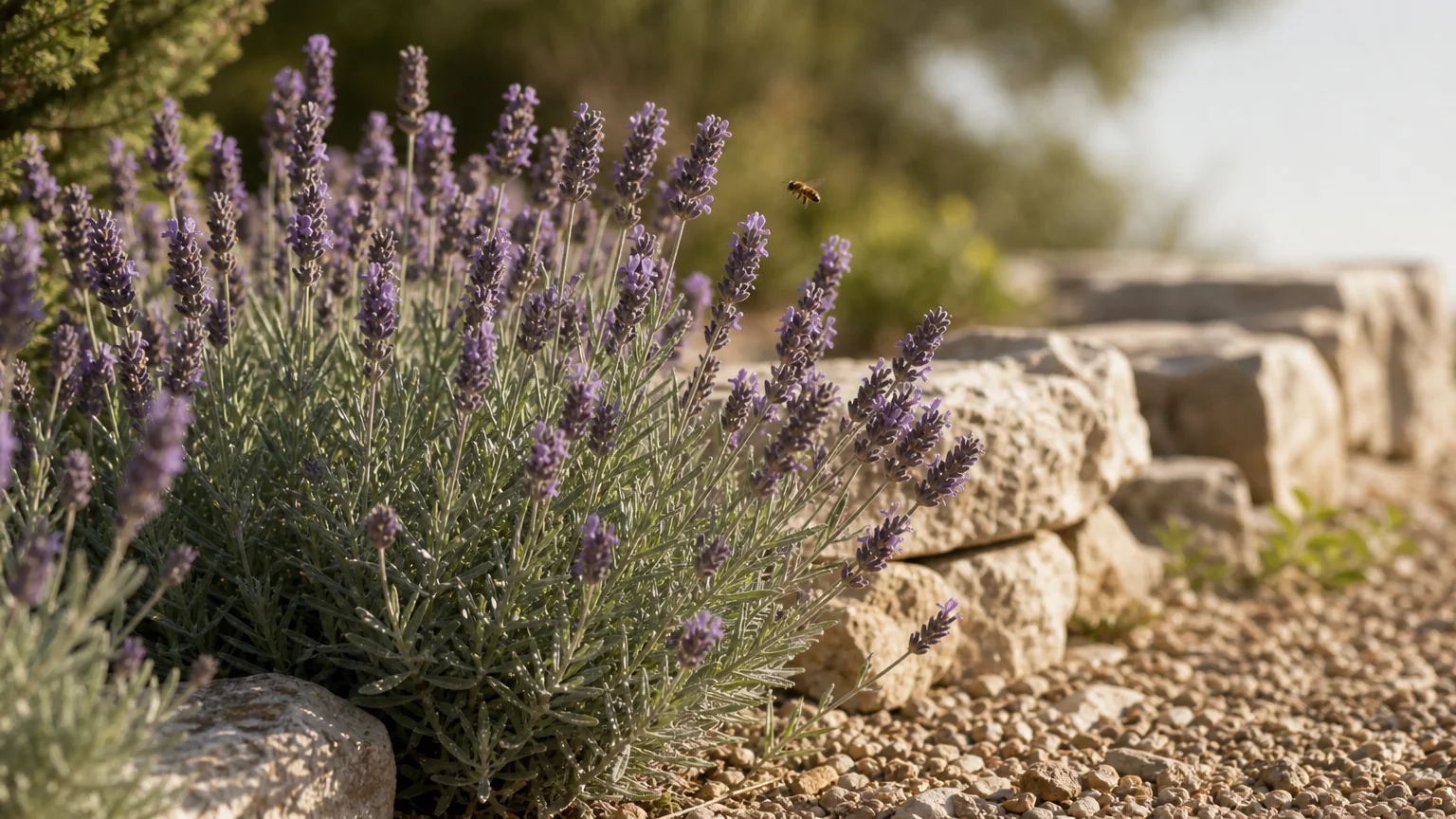 A photograph of a healthy lavender plant with purple spikes growing in gravelly soil next to a warm stone wall in summer sun.