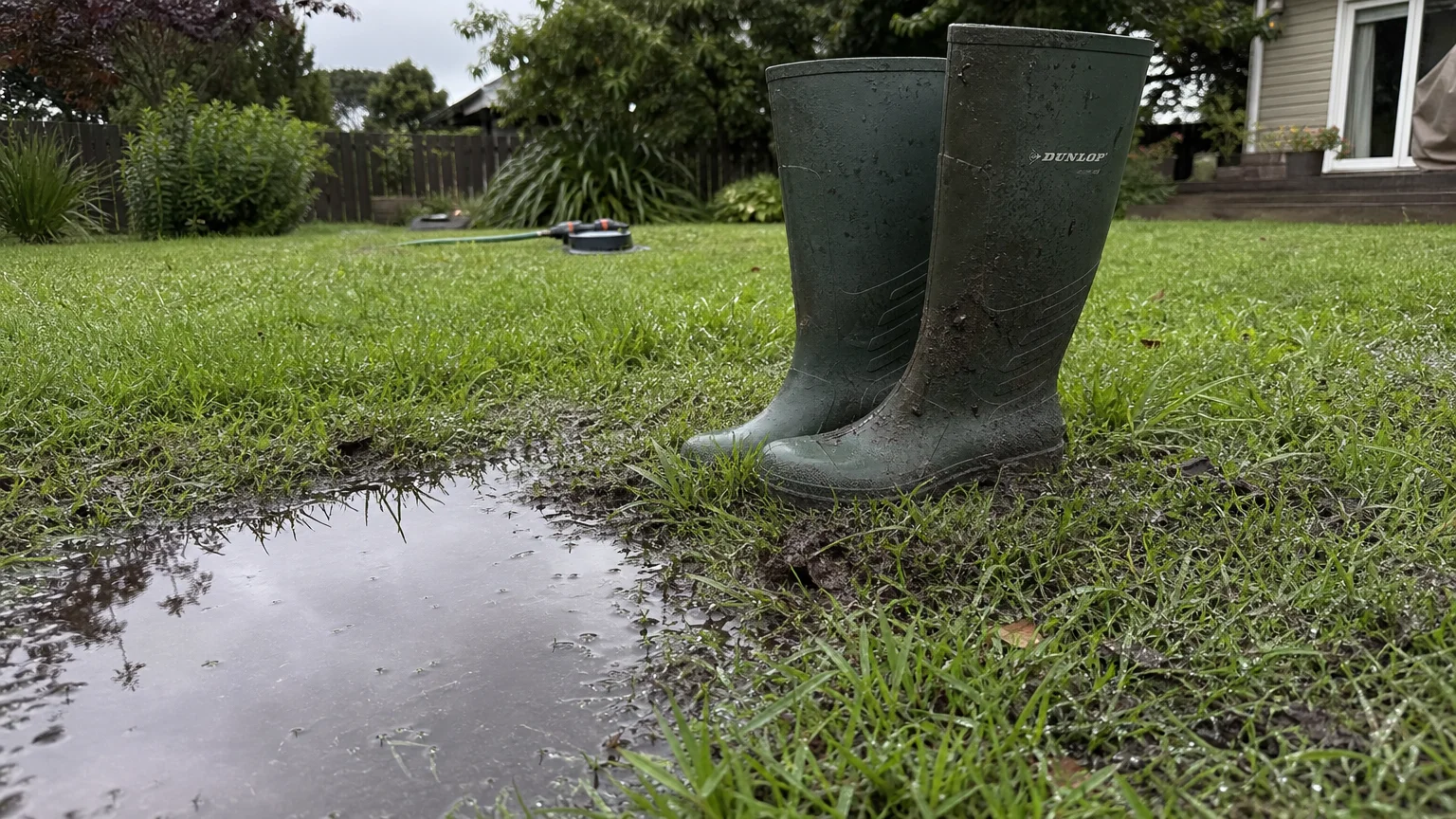 A photograph of a muddy, waterlogged lawn with rubber gardening boots.
