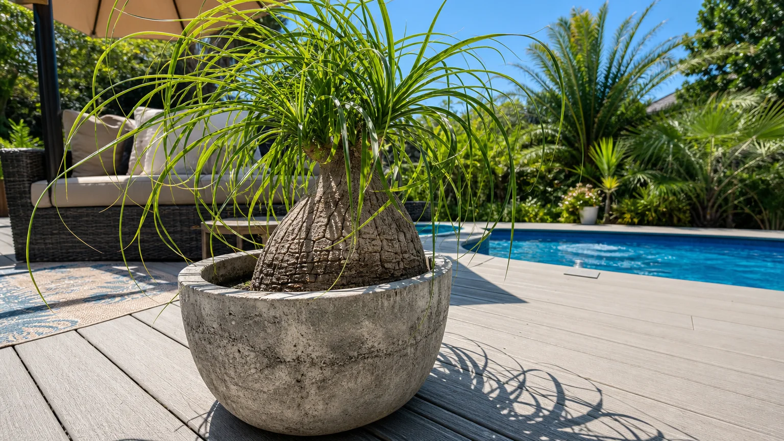 A Ponytail Palm with a bulbous base and cascading curly leaves sits on a sunny pool deck in the bright June sun.