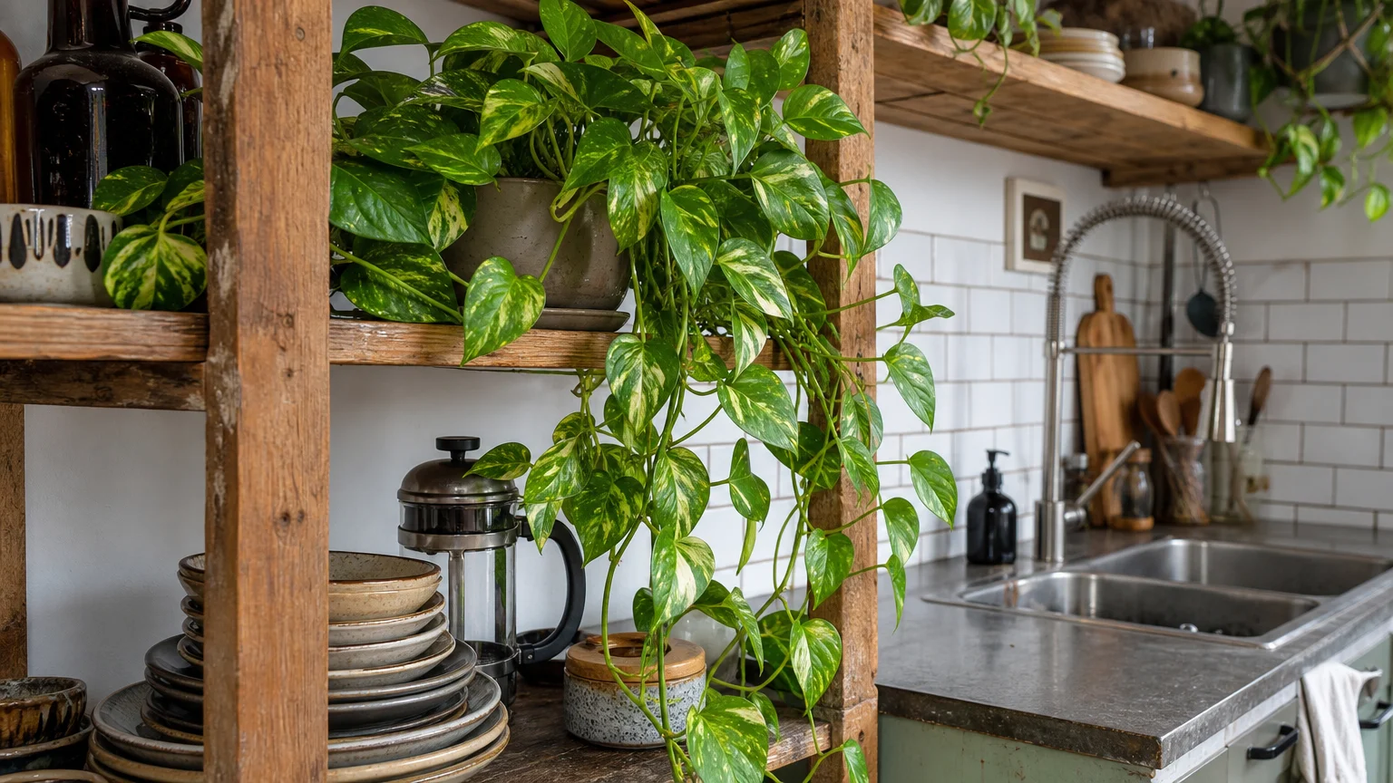 A pothos plant with long trailing vines sitting on a wooden kitchen shelf next to mismatched ceramic plates.