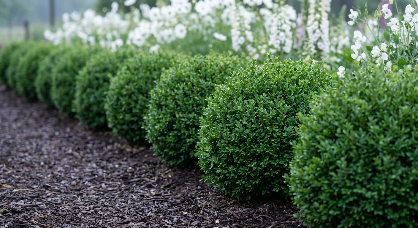 A precise row of neatly trimmed, rounded green boxwood shrubs forming a structured border along a garden path.