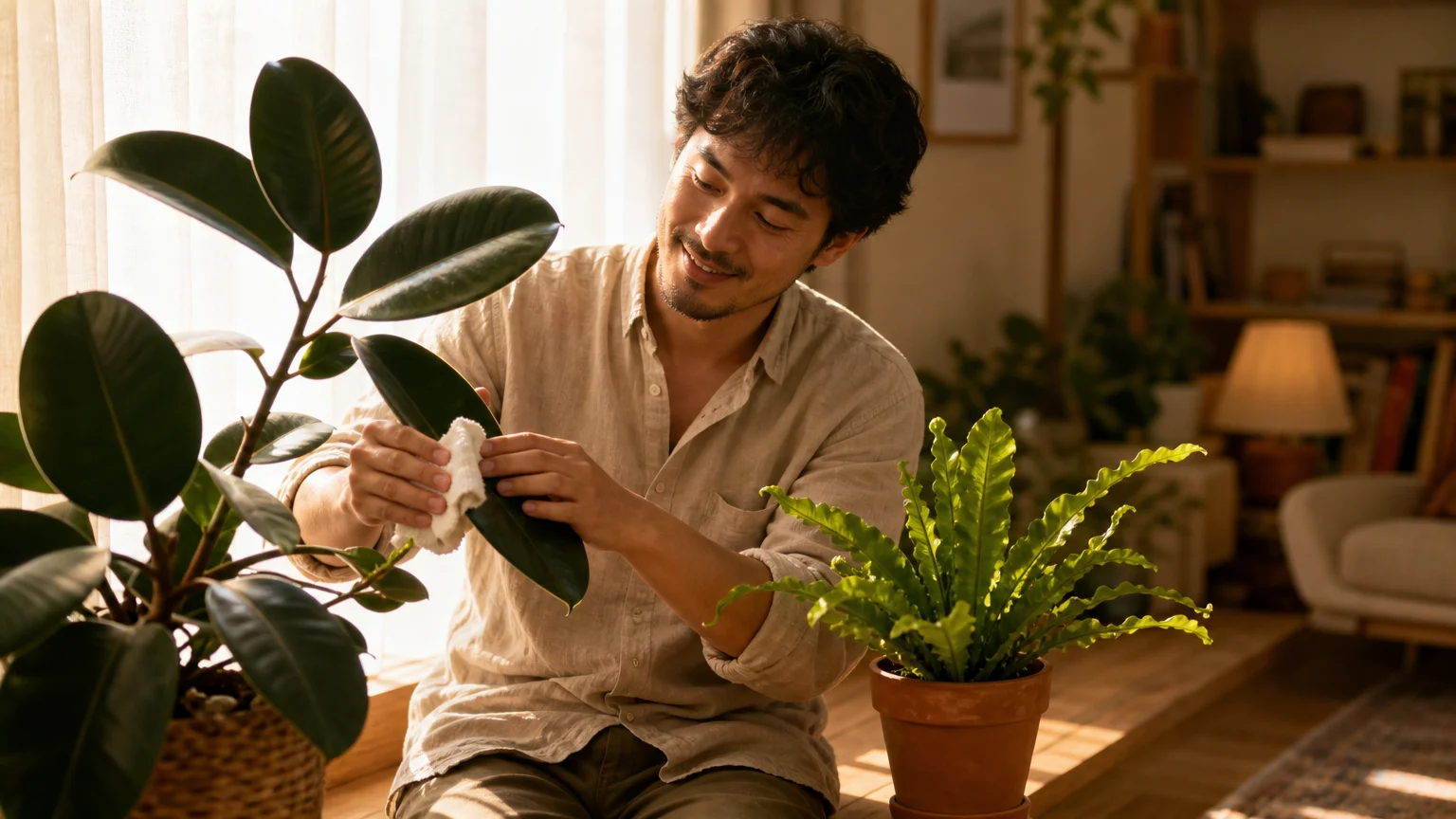 A relaxed home gardener smiles while tending to a healthy, glossy Rubber Plant in a sunny, peaceful living room.