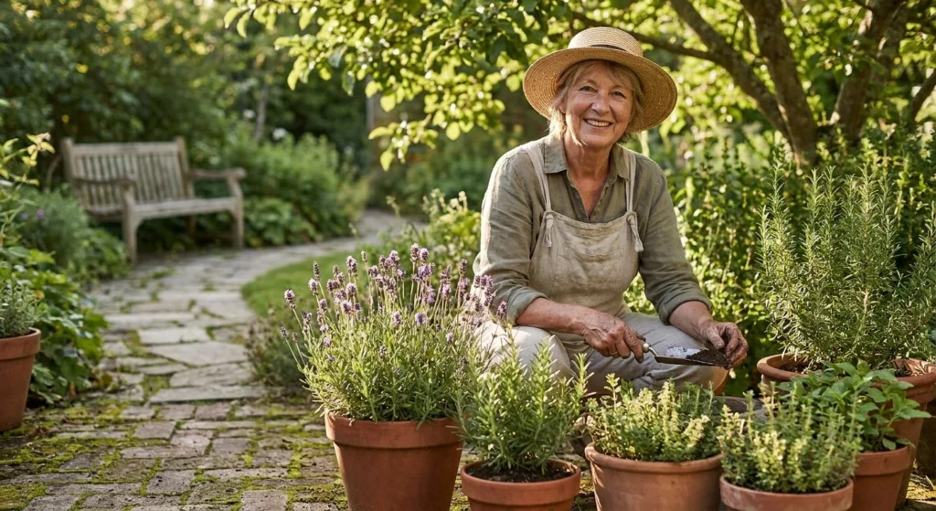A retired woman happily tending to a beautiful container garden on her sunlit brick patio during a warm afternoon.
