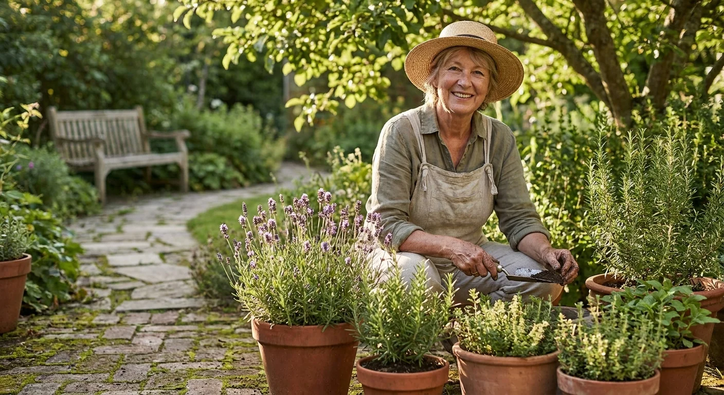 A retired woman happily tending to a beautiful container garden on her sunlit brick patio during a warm afternoon.