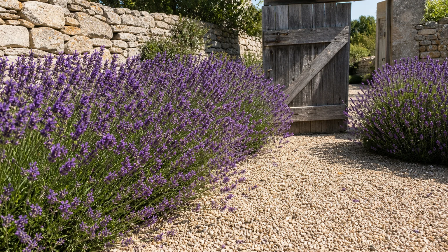 A row of vibrant purple lavender plants lining a sunny gravel pathway next to a rustic wooden gate.