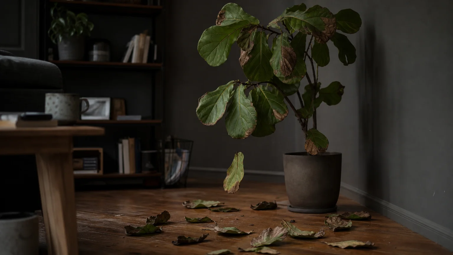 A sad Fiddle Leaf Fig tree dropping its large leaves onto a hardwood floor in a dimly lit living room.