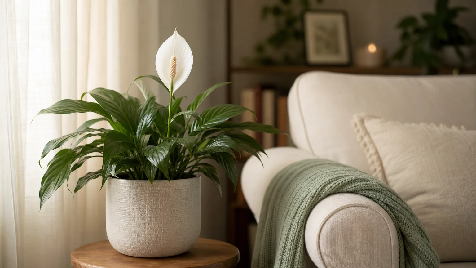 A serene peace lily with a single white bloom in a soft white pot, sitting in a cozy, sunlit living room reading nook.