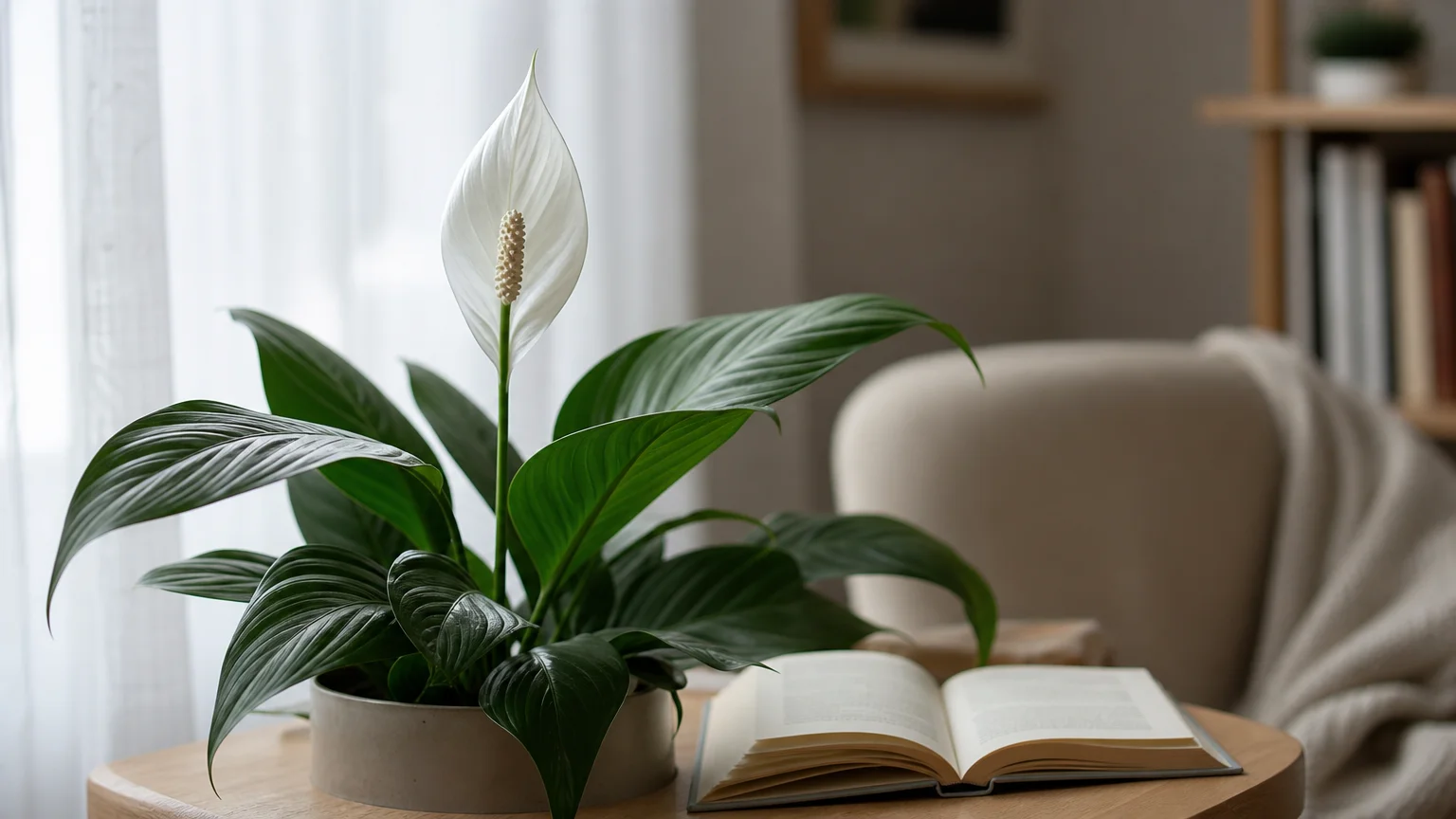 A serene photograph of a blooming white Peace Lily on a wooden table in a softly lit room next to an open book.