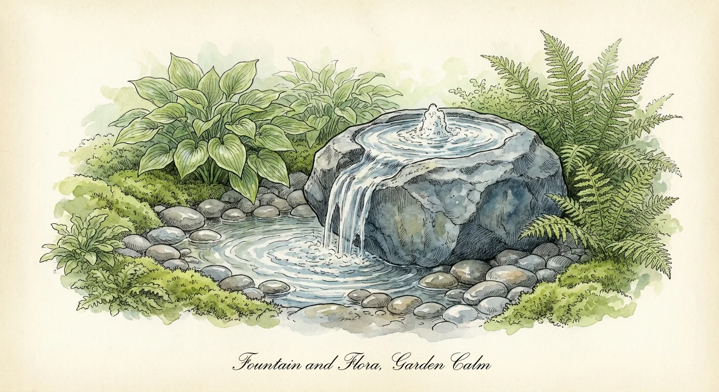 A serene watercolor illustration of a bubbling basalt stone water feature surrounded by lush ferns and wet river stones.