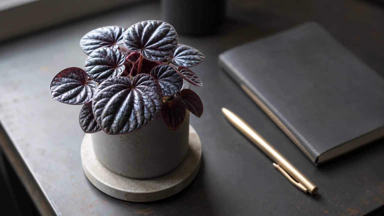 A small Geo Plant on a concrete coaster on a desk, showcasing its metallic, dark puckered leaves.