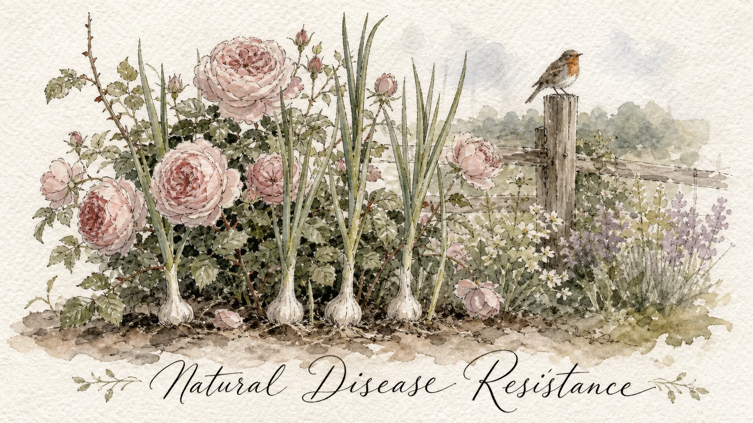 A soft watercolor painting of a pink rose bush growing alongside tall green garlic plants.