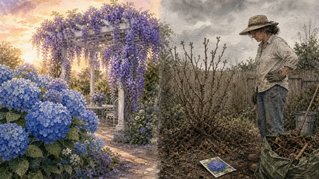 A split-screen illustration showing a gardener's dream of vibrant flowers next to the reality of a wilted, flowerless plant.
