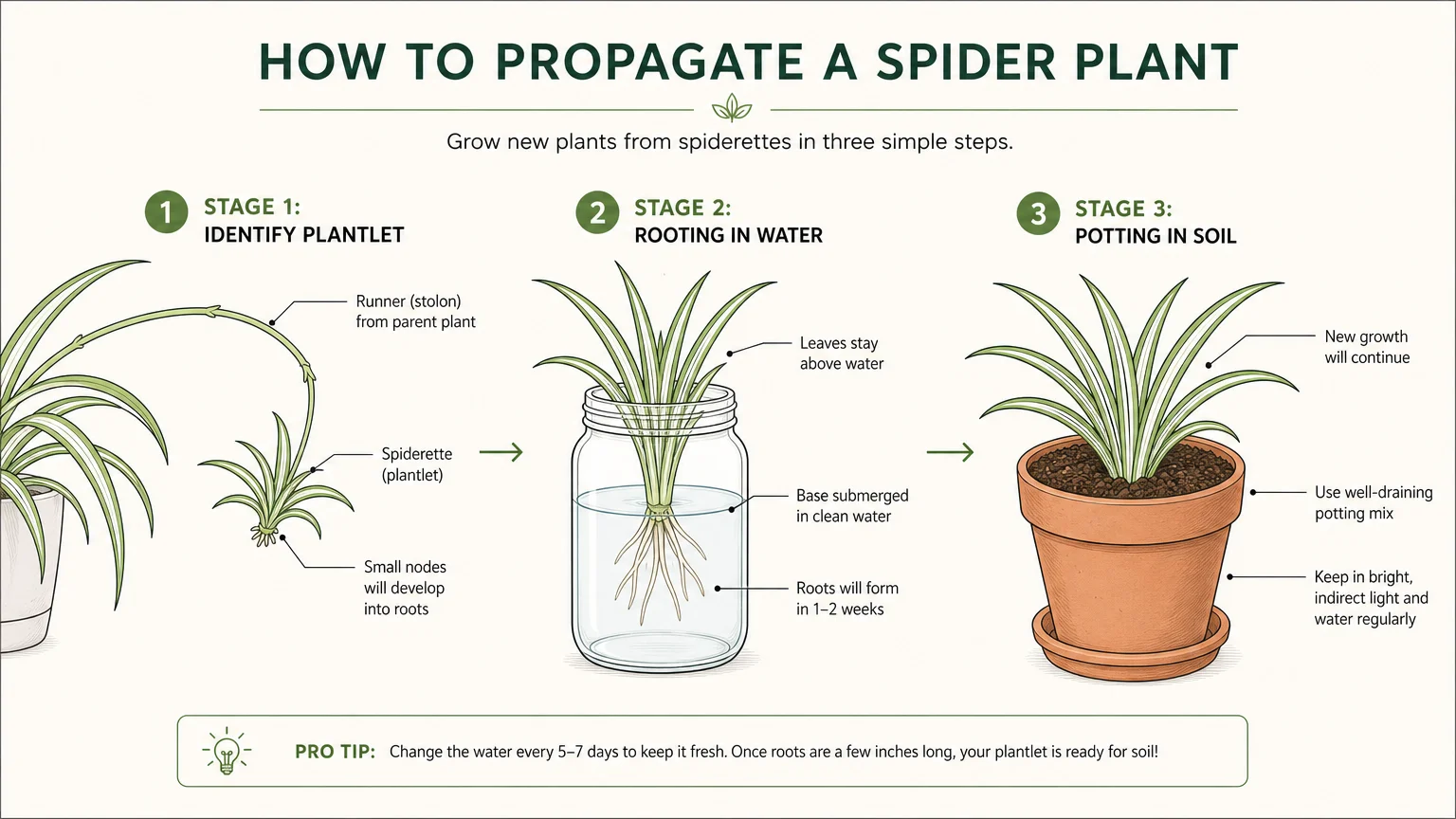 A step-by-step botanical diagram illustrating how to propagate a Spider Plant from its runner plantlets.